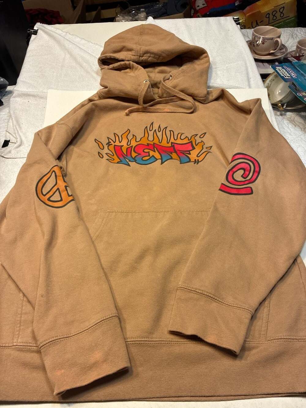 Neff Flame Graffiti Logo Tan Hoodie with Peace Sign and Spiral Sleeves